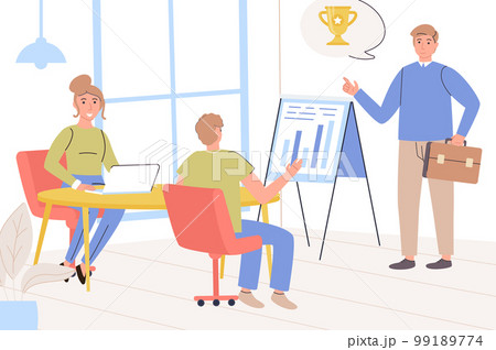 Leadership concept. Team of employees at business meeting, data analysis and goal setting, achieving better results, success and development of company. Vector illustration in trendy flat design 99189774