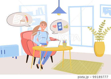 Blogging concept. Woman blogger writes articles and publishes photos on personal blog, communicates with followers. Content creation and online business. Vector illustration in trendy flat design 99189777