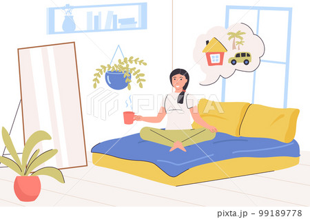 Dreaming people concept. Happy woman thinking about home, car and future travels while sitting on bed in bedroom. Imagination, inspiration and goal setting. Vector illustration in trendy flat design 99189778