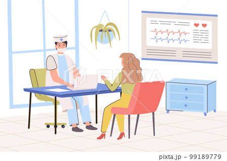Medical clinic concept. Doctor consults patient in office. Woman visiting to her therapist for examination. diagnosis and treatment of diseases in hospital. Vector illustration in trendy flat design 99189779