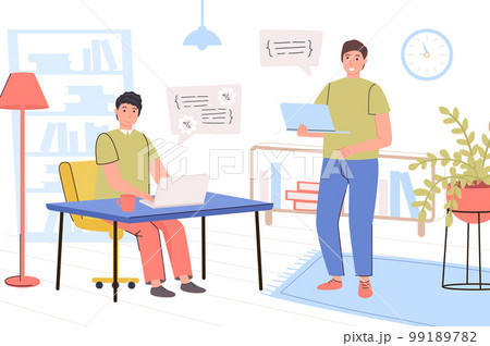 Programmers working at office concept. Developers team work on laptops, program in different languages, write code, optimize programs, creating software. Vector illustration in trendy flat design 99189782