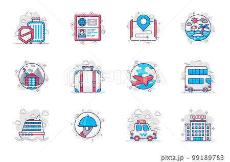 Travel vacation concept flat line icons set. World tourism and recreation. Bundle of luggage, ticket, route, sea, resort, mountain, hiking, other. Vector conceptual pack outline symbols for mobile app 99189783