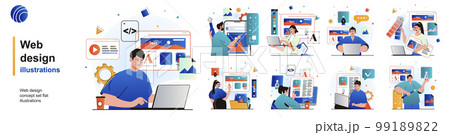 Web design isolated set. Designers create website layout, place elements. People collection of scenes in flat design. Vector illustration for blogging, website, mobile app, promotional materials. Web design isolated set. Designers create website layout, place elements. People collection of scenes in flat design. Vector illustration for blogging, website, mobile app, promotional materials. 99189822