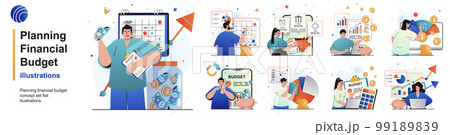 Planning financial budget isolated set. Accounting analysis and savings. People collection of scenes in flat design. Vector illustration for blogging, website, mobile app, promotional materials. 99189839