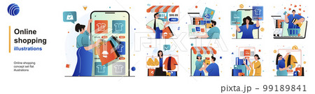 Online shopping isolated set. Customers choose and pay for purchases on site. People collection of scenes in flat design. Vector illustration for blogging, website, mobile app, promotional materials. Online shopping isolated set. Customers choose and pay for purchases on site. People collection of scenes in flat design. Vector illustration for blogging, website, mobile app, promotional materials. 99189841