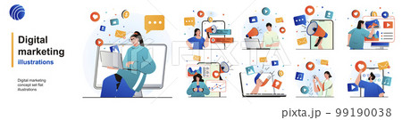 Digital marketing isolated set. Online promotion and attraction new clients. People collection of scenes in flat design. Vector illustration for blogging, website, mobile app, promotional materials. 99190038