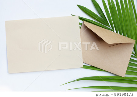 Brown paper and envelopes on green leaves 99190172