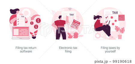 Filing taxes by yourself abstract concept vector illustration set. Filing tax return software, electronic documents, gather paperwork, e-file earnings statement, IRS form abstract metaphor. 99190618