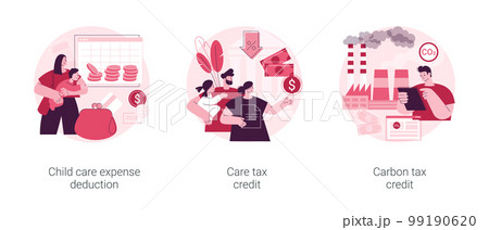 Family support abstract concept vector illustration set. Child care expense deduction, care and carbon tax credits, taxable income, family budget, bank transfer, paycheck abstract metaphor. 99190620