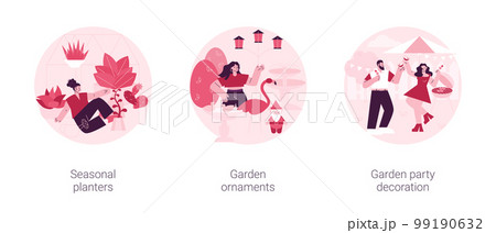 Garden decoration ideas abstract concept vector illustration set. Seasonal planters, garden ornaments, outdoor party decoration, landscape design, bird bath, wind chime, shop online abstract metaphor. 99190632