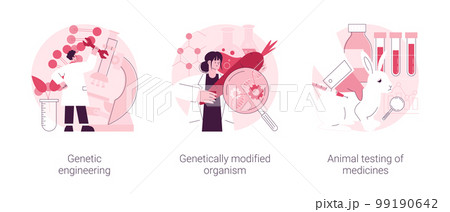 Biotechnology abstract concept vector illustration set. Genetic engineering, genetically modified organism, animal testing of medicines, transgenic organism, lab experiment abstract metaphor. Biotechnology abstract concept vector illustration set. Genetic engineering, genetically modified organism, animal testing of medicines, transgenic organism, lab experiment abstract metaphor. 99190642