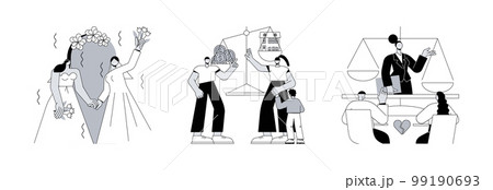 Family law abstract concept vector illustration set. Civil union, judicial separation, divorce lawyer service, parental rights, gay couple, wedding day, married couple contract abstract metaphor. 99190693