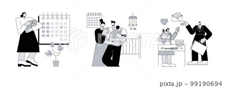 Care for children and family abstract concept vector illustration set. Maternity and parental leave, breadwinner, home office, pregnant woman, newborn child, family needs support abstract metaphor. 99190694