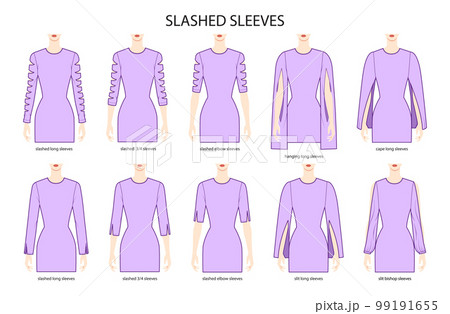 Set of Slashed sleeves clothes long, short, hanging, cape, slashed, slit technical fashion illustration with fitted body 99191655