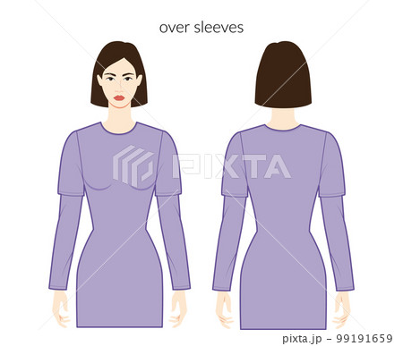 Over sleeves long length clothes character beautiful lady in purple top, shirt, dress technical fashion illustration 99191659