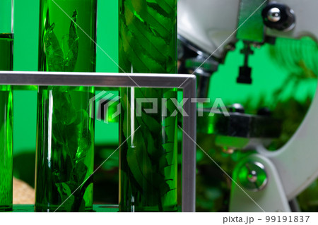 Tube Lab drug research, Natural organic and scientific extraction in glassware, Forest Leaf green herb medicine, Natural skin care beauty products, Laboratory and development concept from Green Nature 99191837
