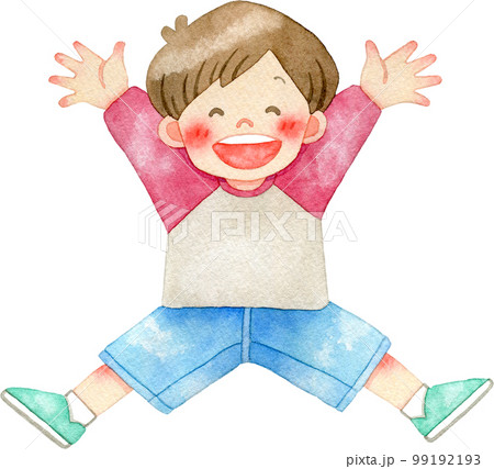 手足を広げて元気にジャンプをする子供の水彩イラスト(男の子/正面向き) 手足を広げて元気にジャンプをする子供の水彩イラスト(男の子/正面向き) 99192193
