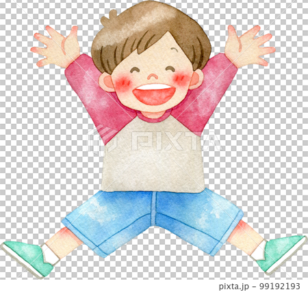 Watercolor illustration of a child jumping energetically with arms and legs spread (boy/facing forward) 99192193
