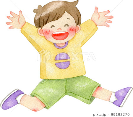 手足を広げて元気にジャンプをする子供の水彩イラスト(男の子) 99192270