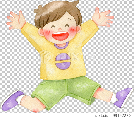 手足を広げて元気にジャンプをする子供の水彩イラスト(男の子) 99192270
