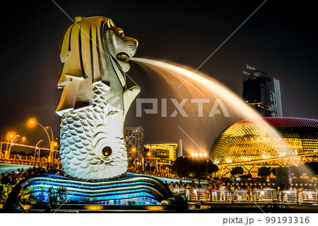 マーライオンとシンガポールの街 99193316