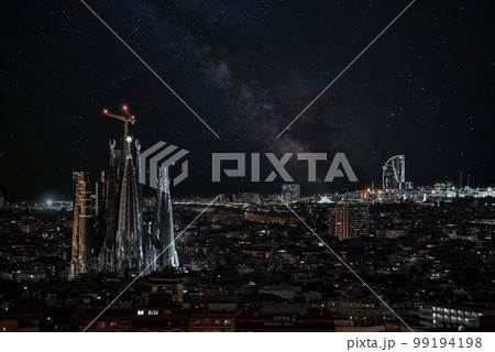Night view of the La Sagrada Familia cathedral. Impressive cathedral designed and unfinished by Gaudi in the center of Barcelona. Night view of the La Sagrada Familia cathedral. Impressive cathedral designed and unfinished by Gaudi in the center of Barcelona. 99194198
