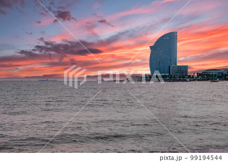 Barcelona W hotel view from the beach. Beautiful luxury hotel in Barcelona, Spain. 99194544
