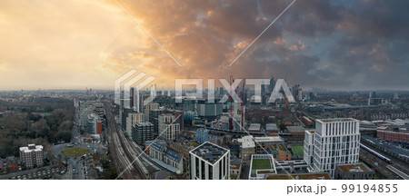 Aerial London Skyline view near Battersea Power Station in London. Cloudy weather over London. Aerial London Skyline view near Battersea Power Station in London. Cloudy weather over London. 99194855