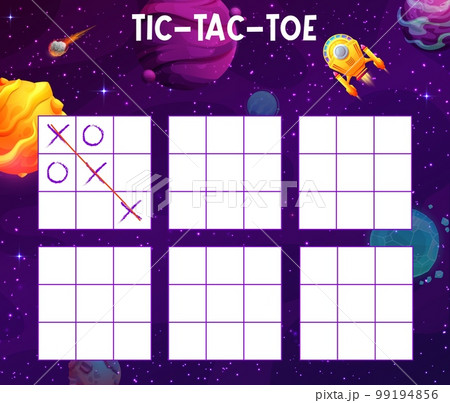 Tic tac toe game galaxy space landscape with spaceship. Kids vector board game worksheet with cosmic engine flying in Universe. Family boardgame, educational children riddle, test with cartoon shuttle Tic tac toe game galaxy space landscape with spaceship. Kids vector board game worksheet with cosmic engine flying in Universe. Family boardgame, educational children riddle, test with cartoon shuttle 99194856