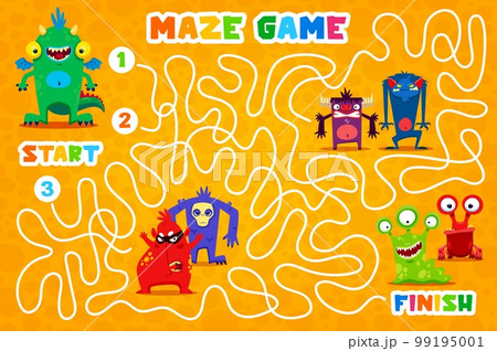 Labyrinth maze monster characters. Kids vector board game with tangled path, start, finish and cartoon personages. Children riddle help mutant meet his friend. Quiz boardgame for preschool activity 99195001