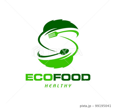 Healthy raw and fresh food icon. Organic products farm or market, healthy diet or restaurant natural or vegetarian food menu vector pictogram or icon with green leaves, spoon and fork utensils 99195041