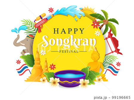Happy Songkran Festival Day Illustration with Playing Water Gun in Thailand Celebration in Flat Cartoon Hand Drawn for Landing Page Templates 99196665