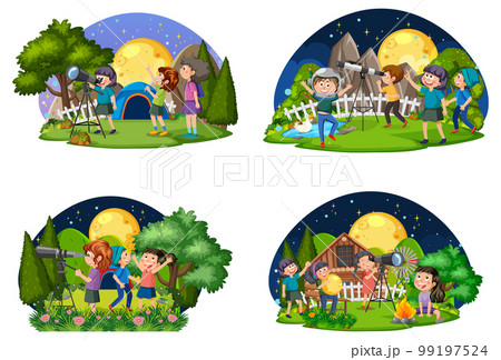 Set of kids using telescope at night 99197524