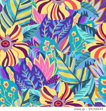 Colorful vivid psychedelic pattern with abstract tropical flowers for fabric, wrapping paper. Vector illustration Colorful vivid psychedelic pattern with abstract tropical flowers for fabric, wrapping paper. Vector illustration 99198045