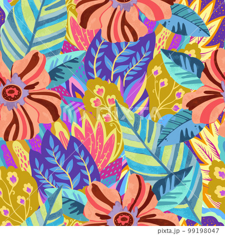Colorful vivid psychedelic pattern with abstract tropical flowers for fabric, wrapping paper. Vector illustration 99198047