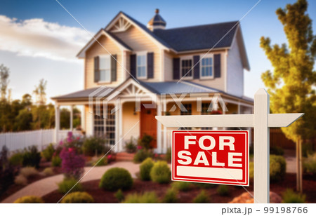 Home For Sale Real Estate Sign In Front of House - Generative AI. Home For Sale Real Estate Sign In Front of House - Generative AI. 99198766