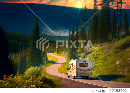 RV Camper Driving Down the Mountain Road - Gerative AI. RV Camper Driving Down the Mountain Road - Gerative AI. 99198792