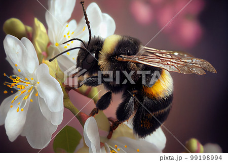 Bumblebee Gathering Pollen On Spring Flowers - Generative AI. 99198994