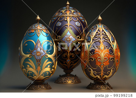 Elaborately Decorated Chocolate and Candy Easter Eggs - Generative AI. 99199218
