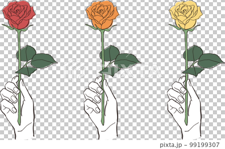 一輪のバラを持つ手のシンプルなイラスト カラーバリエーションの