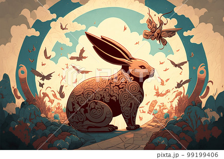 Chinse Illustration Commemorating the Year of the Rabbit - Generative AI. 99199406