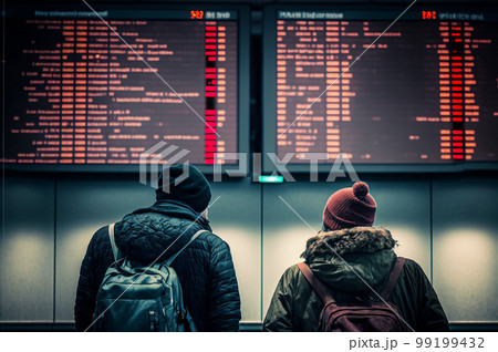 Unhappy and Stressed Young Adult Couple At Airport Viewing Cancelled Flights on Flight Information and Airport Display Board - Generative AI. 99199432