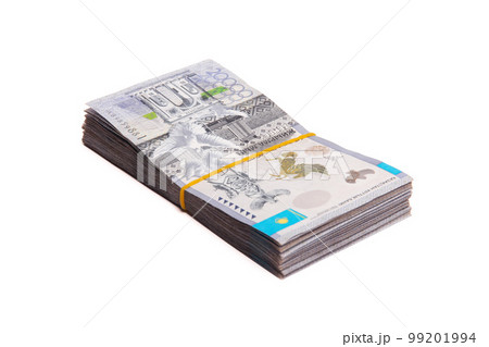 Bundle of Qazaqstan money of 20000 tenge tied with an elastic band, isolated on white 99201994