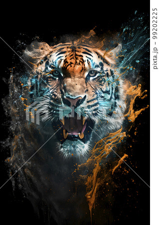 雄大な虎のリアルなイラスト インクの飛沫 スプラッシュ「AI生成画像