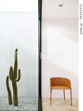 Modern scandinavian gellery room interior minimal style decoration with yellow chair and cactus in glass room. 3d rendering room in vetical. 99202452