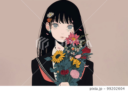 花束・ドライフラワーと女子高生のイラスト「AI生成画像」 99202604