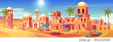 Ancient arab city with market and palace in desert 99202908