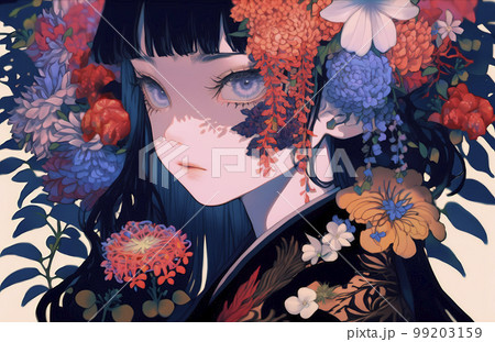 鮮やかな花に包まれた着物が似合うミステリアスな女性「AI生成画像」 99203159