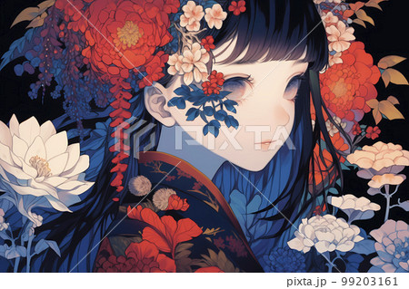 鮮やかな花に包まれた着物が似合うミステリアスな女性「AI生成画像」 99203161