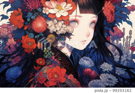 鮮やかな花に包まれた着物が似合うミステリアスな女性「AI生成画像」 99203162
